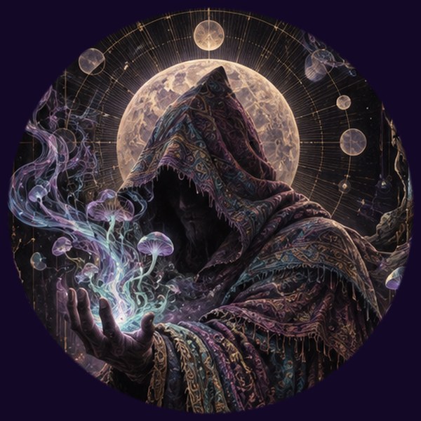 FreePancakess — hooded visionary artist beneath a moon